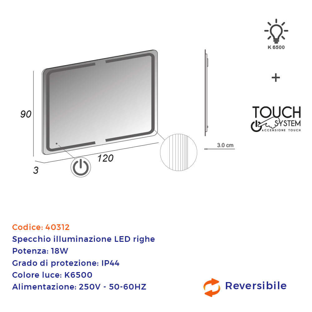 Specchio LED con righe accensione touch 90X120