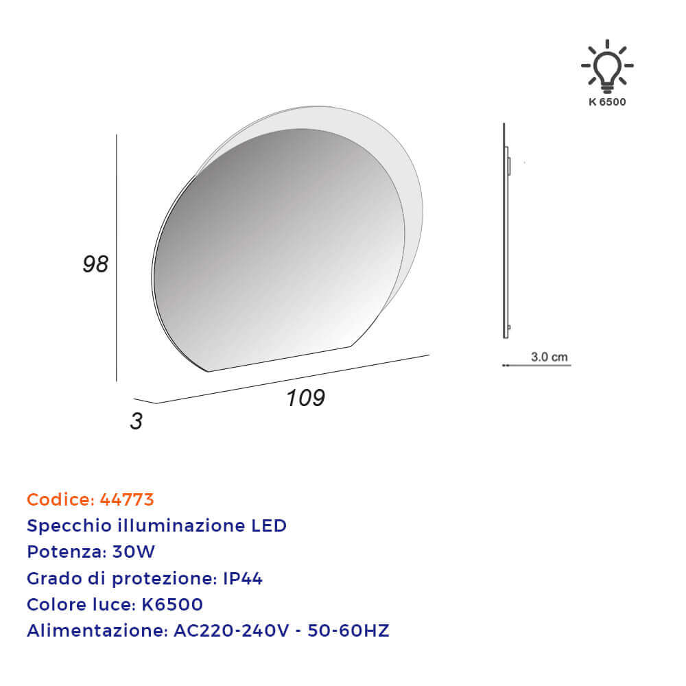 Specchio mezzaluna satinata retroilluminata LED 98X109 design