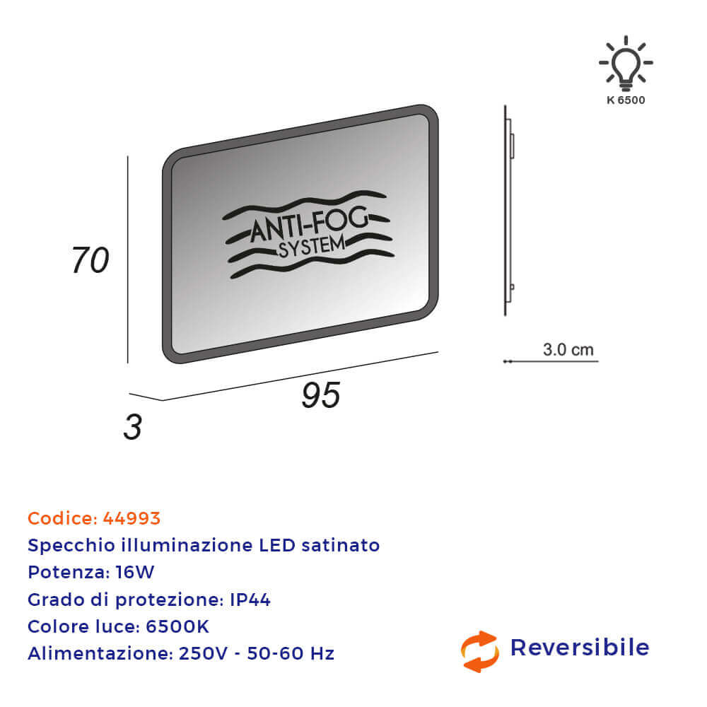 Specchio LED retroilluminato bordo satinato anti-fog system anticondensa 70X95