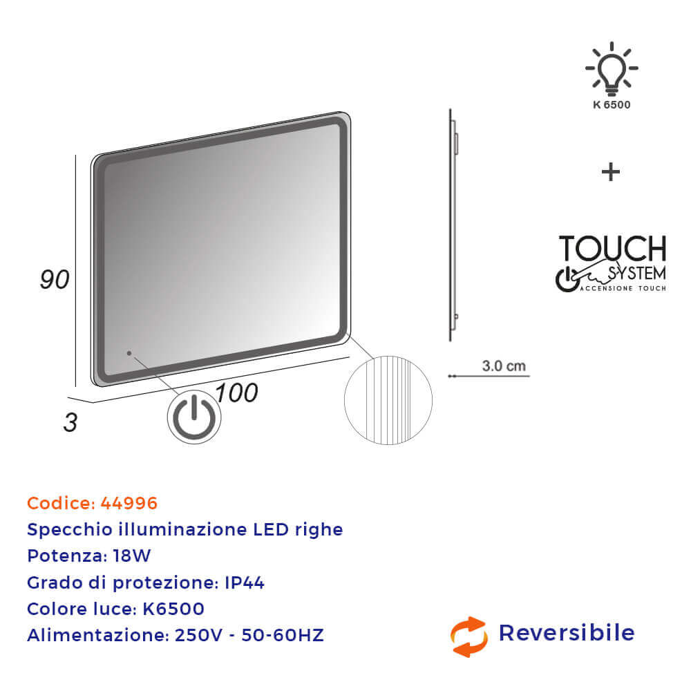 Specchio LED touch 90X100 con righe al bordo intarsiate