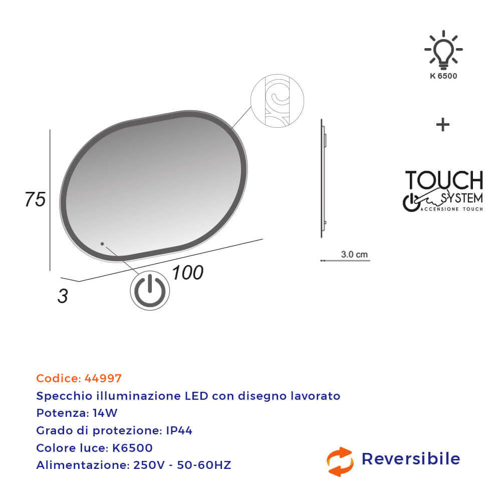 Specchio LED touch ovale con disegno intarsiato 75X100