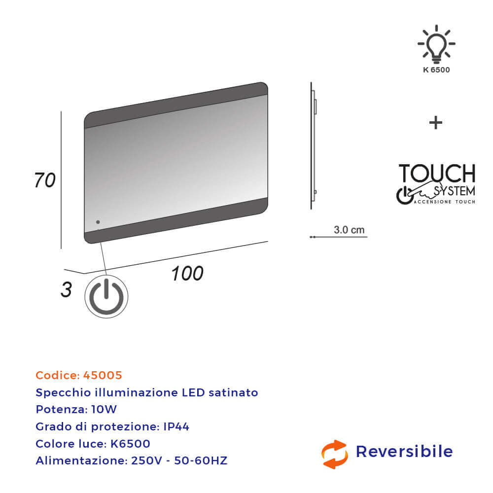 Specchio 70X100 LED touch bordi satinati retroilluminato