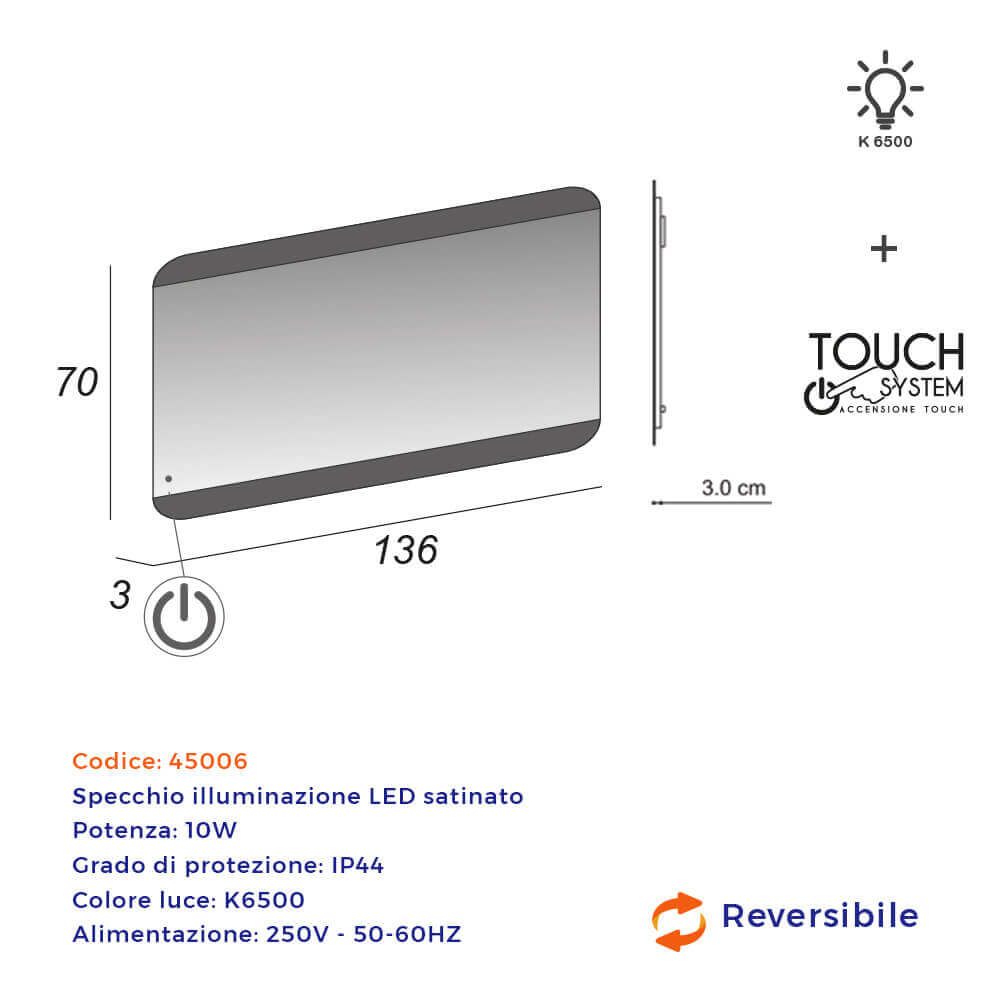 Specchio 70 X 136 LED con sensore touch retroilluminato bordi satinati