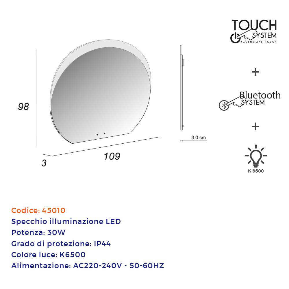 Specchio mezzaluna LED retroilluminato accensione touch con casse Bluetooth 98 X 109