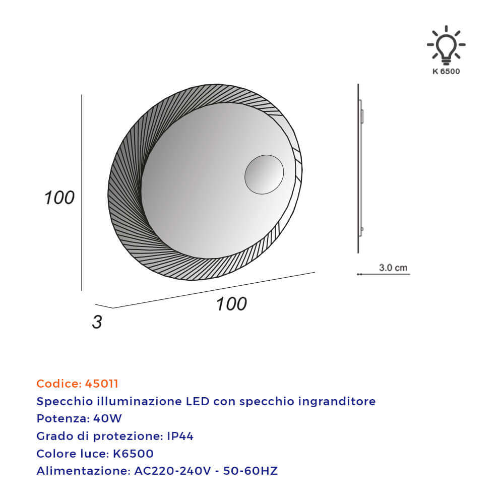 Specchio tondo LED bordo lavorato diametro 100 con ingranditore