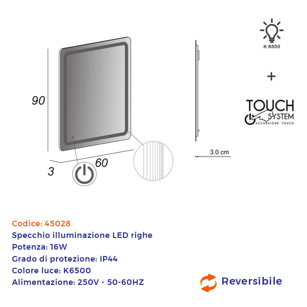 Specchio LED righe 90X60 reversibile accensione touch