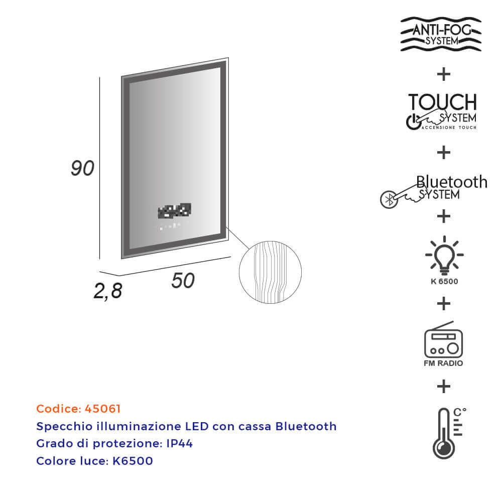 Specchio 90X50 LED touch anti-fog con casse Bluetooth radio temperatura e ora