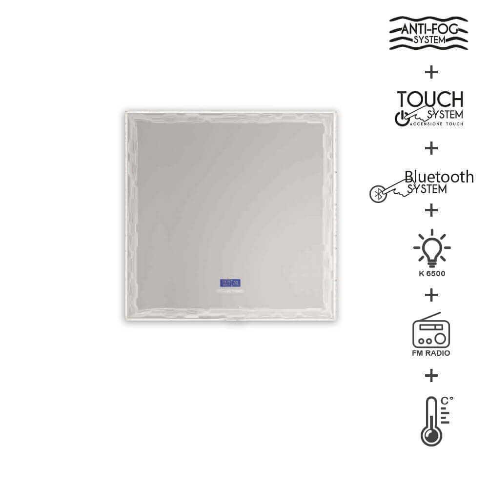 Specchio 90X75 LED touch anti-fog con casse Bluetooth orario radio e temperatura