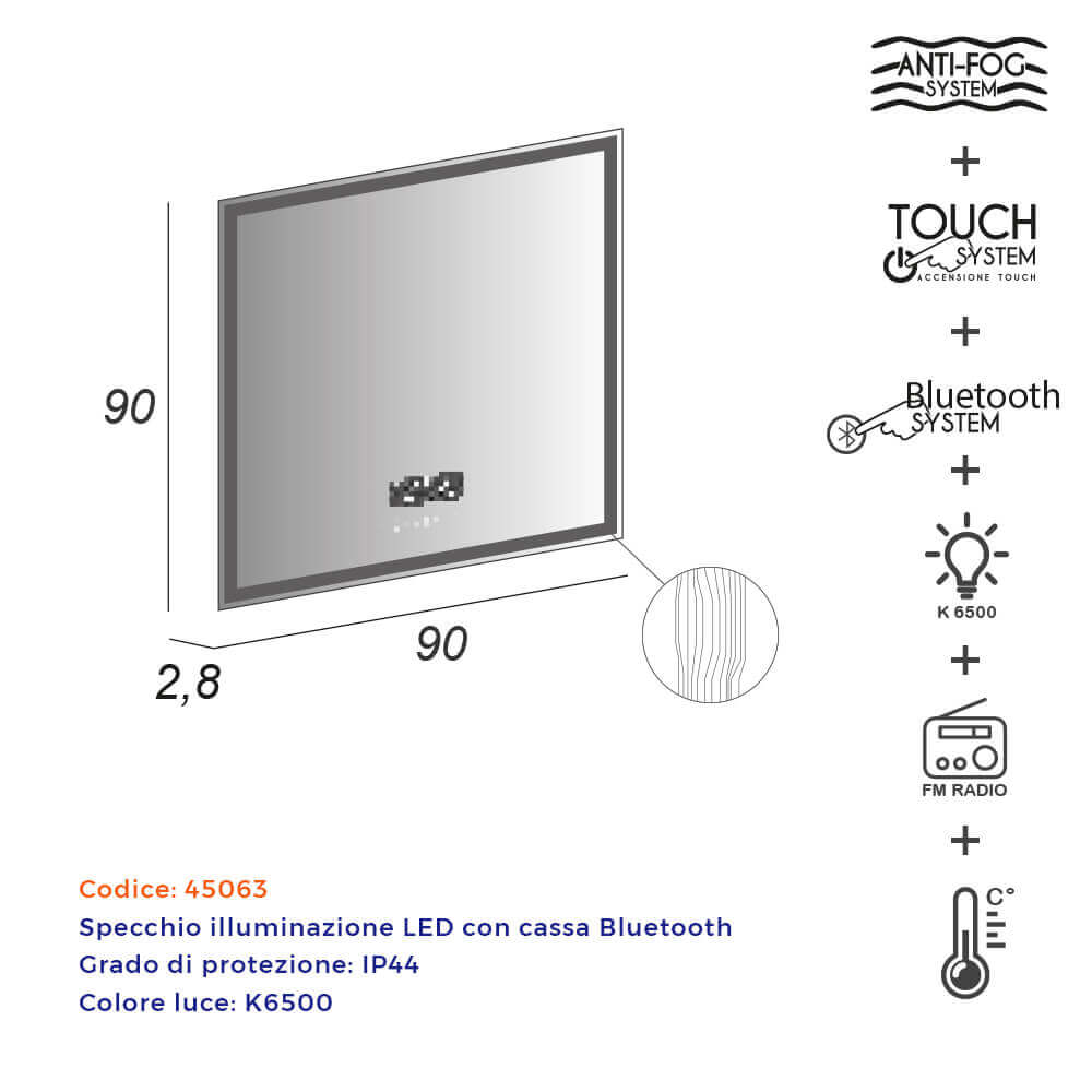 Specchio touch LED 90X90 con casse Bluetooth radio orario e temperatura anti-fog