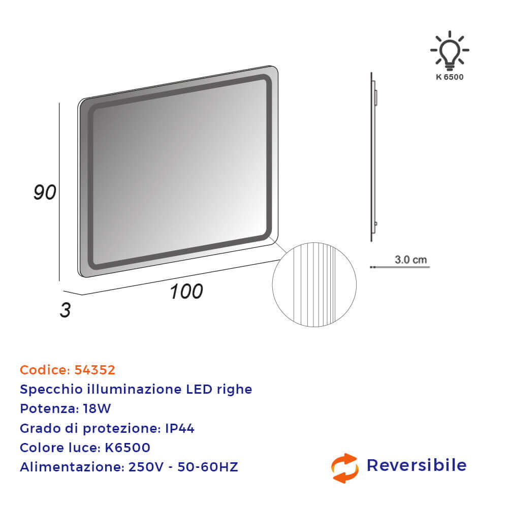 Specchio LED righe intarsiate retroilluminato 90X100 reversibile