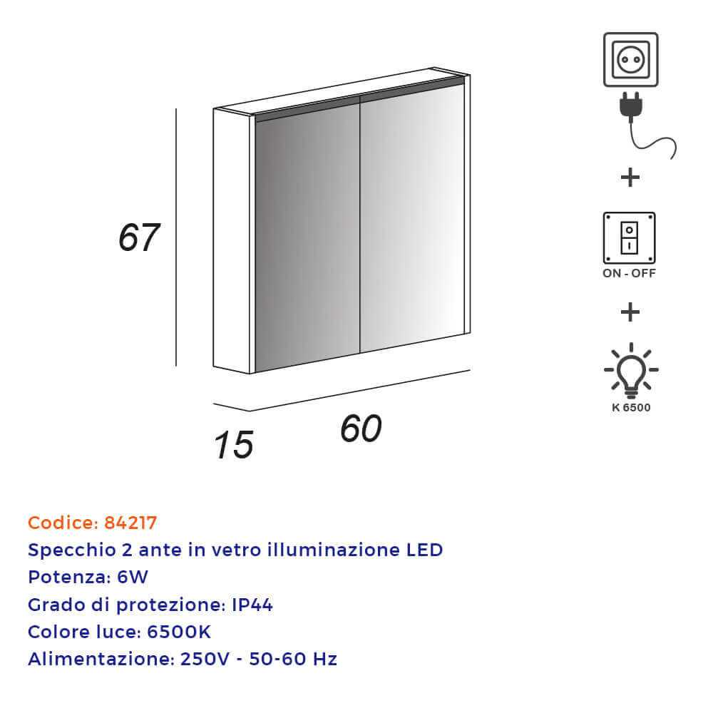 Specchio contenitore due ante con illuminazione LED 67X60X15