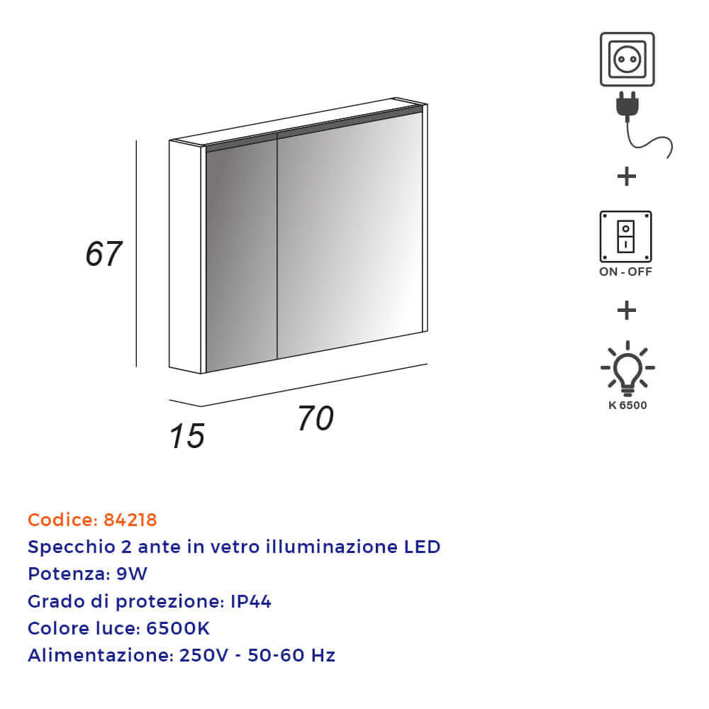 Specchio LED contenitore 67X70X15 due ante con illuminazione