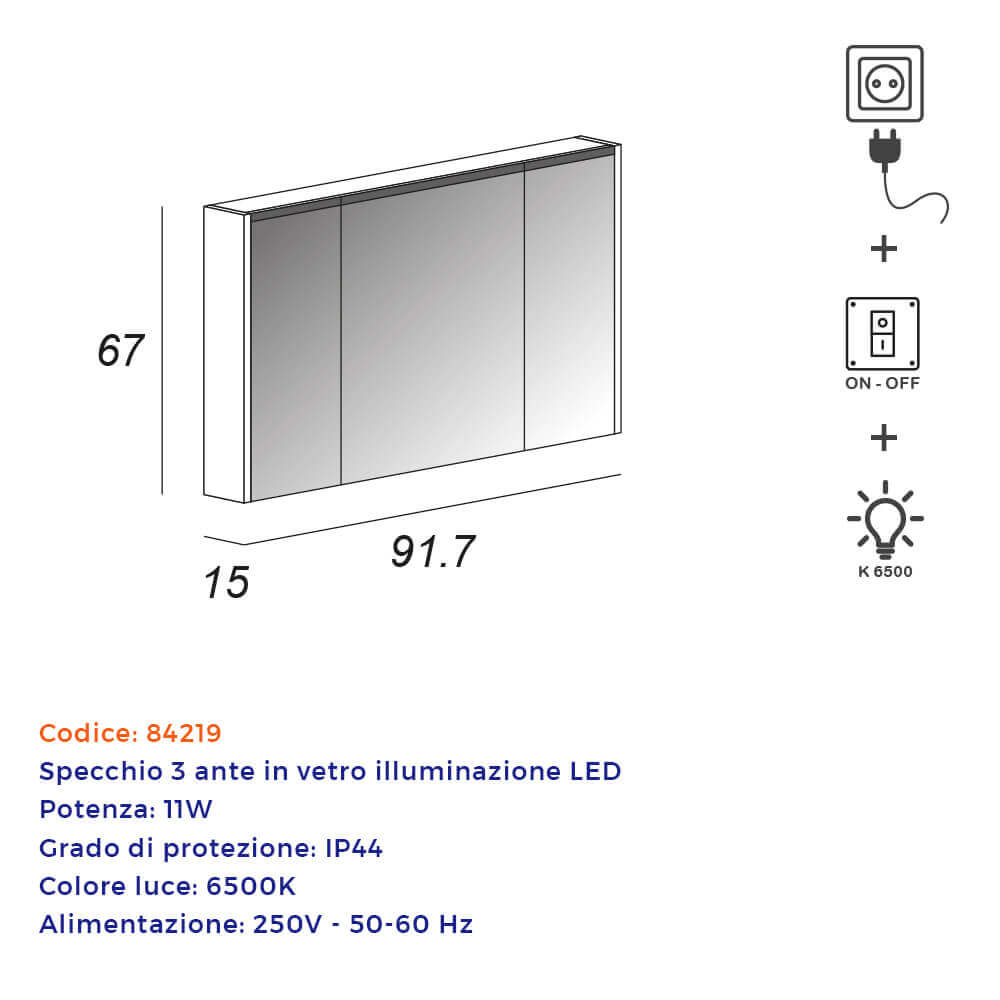 Specchio contenitore 67X91,7X15 tre ante con illuminazione LED