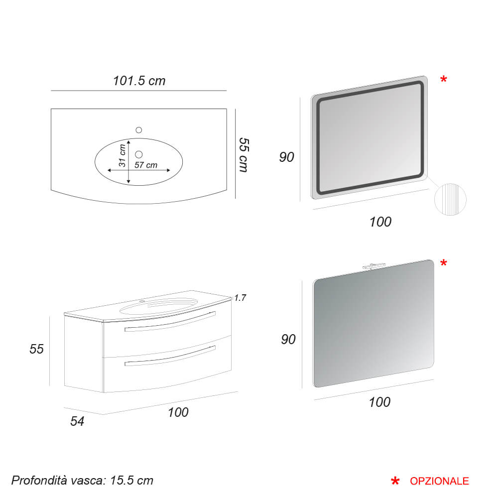 Mobile bagno Rovere tabacco 100 cm sospeso bombato modello Berlino