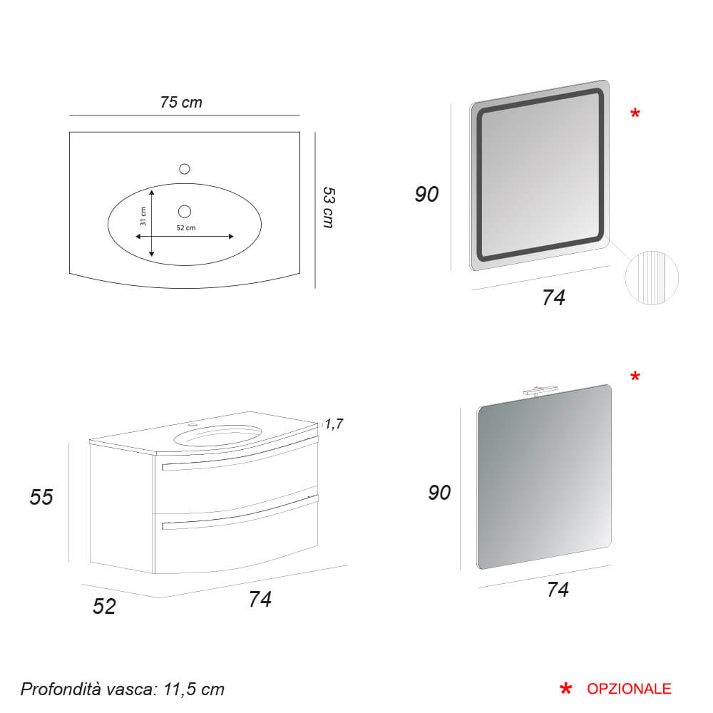 Mobile bagno sospeso 75 cm design tondo bianco lucido - Berlino