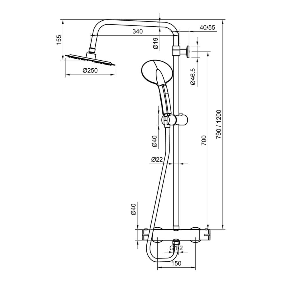 Colonna doccia tonda in acciaio regolabile con miscelatore termostatico doccetta 3 getti e soffione ultraslim 25 cm