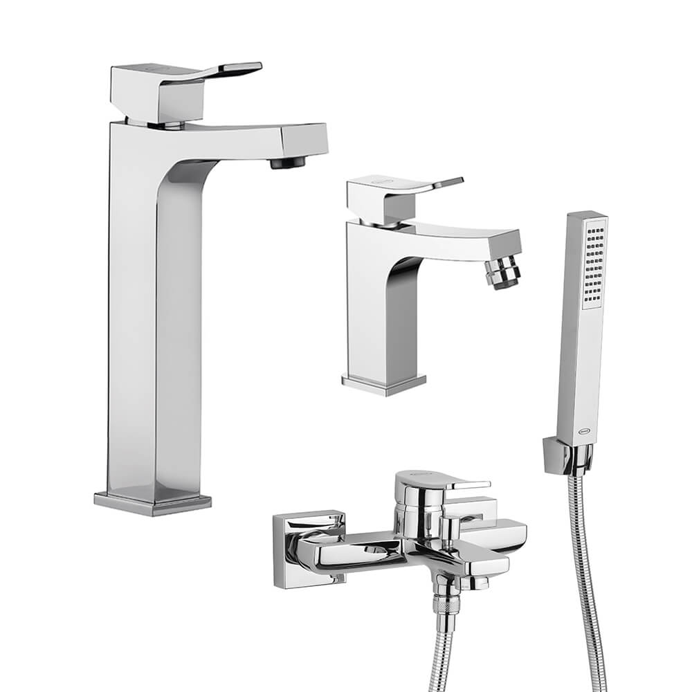 Miscelatore lavabo alto + bidet + gruppo vasca Jacuzzi | rubinetteria Tank ottone cromato per piletta click clack