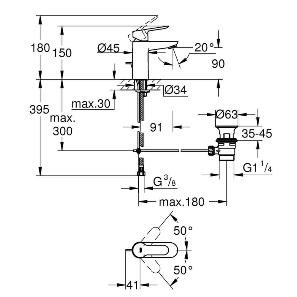 Set Miscelatori Grohe Bauedge lavabo bidet e incasso doccia con deviatore in ottone cromato con piletta di scarico INCLUSA