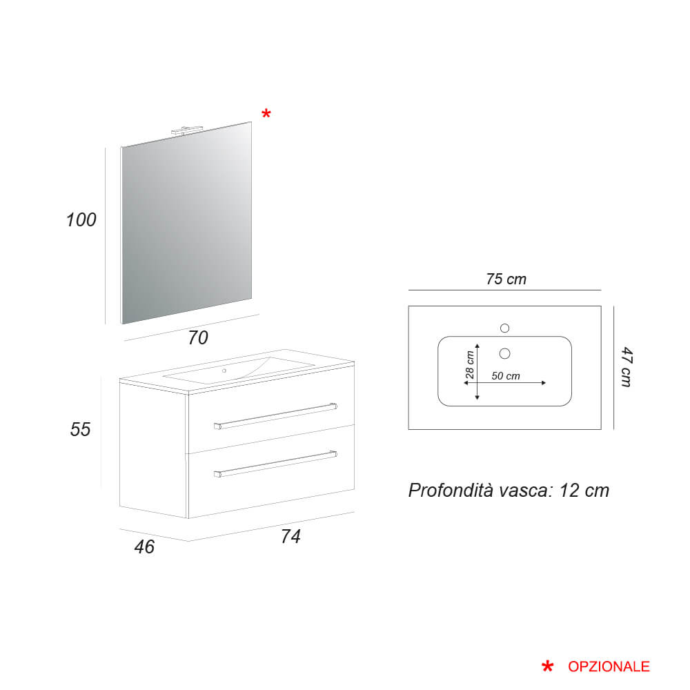 Mobile bagno sospeso bianco lucido 75 cm Mosca