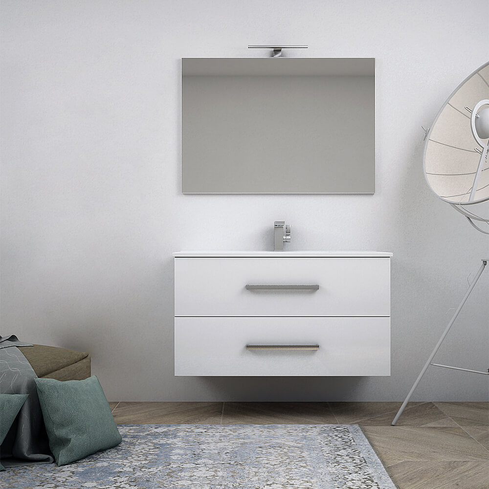 Mobile bagno bianco lucido 100 cm sospeso a due cassetti