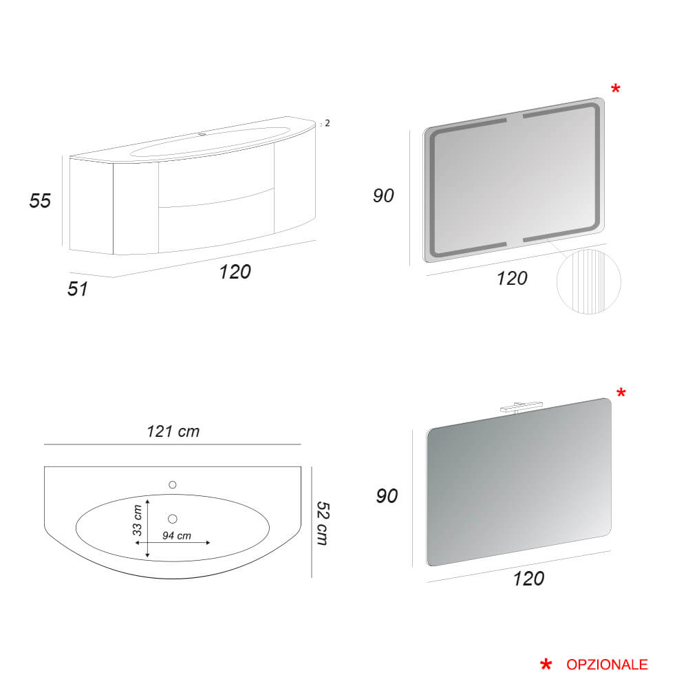 Mobile da bagno bianco frassino sospeso 120 cm