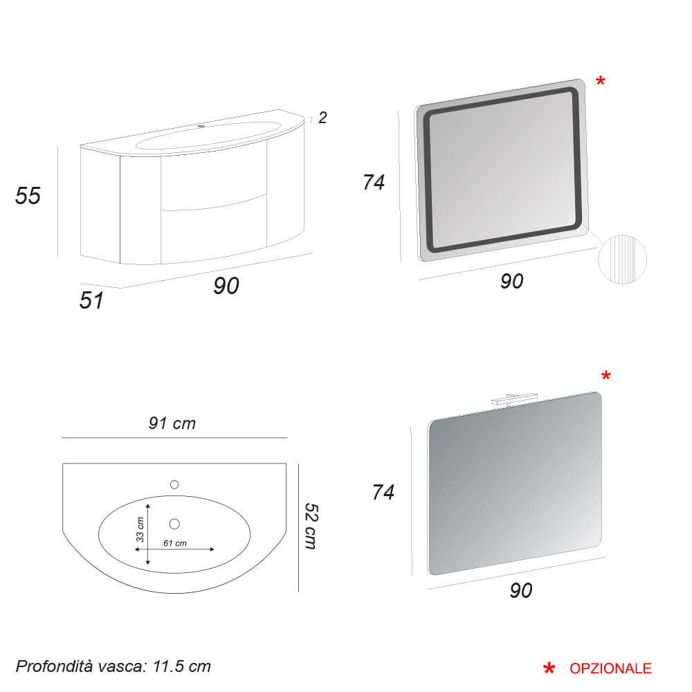 Mobile bagno sospeso Rovere tabacco 90 cm tondo