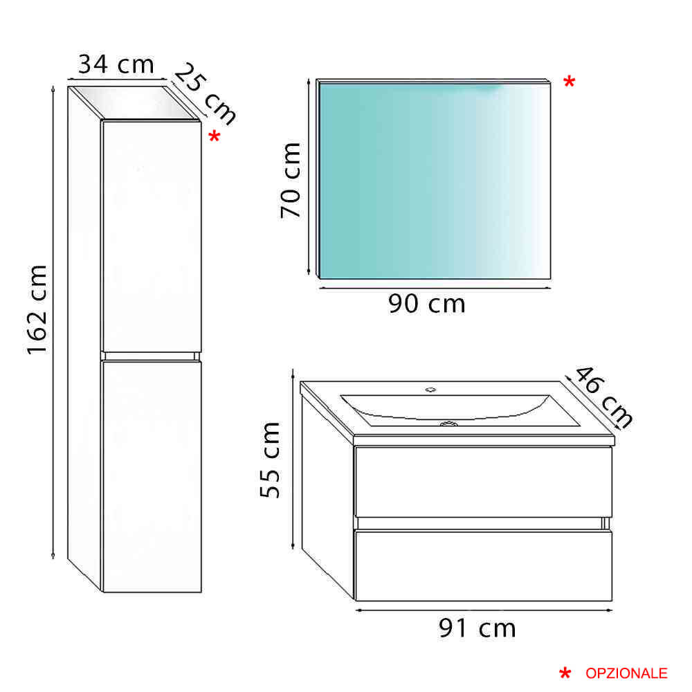 Mobile bagno 90 cm sospeso bianco lucido a doppio cassetto Roxy