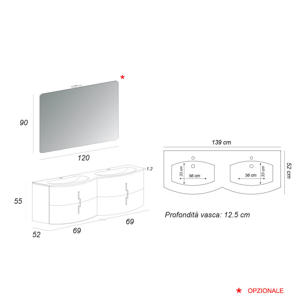 Mobile bagno rosso lucido doppio lavabo 140 cm sospeso