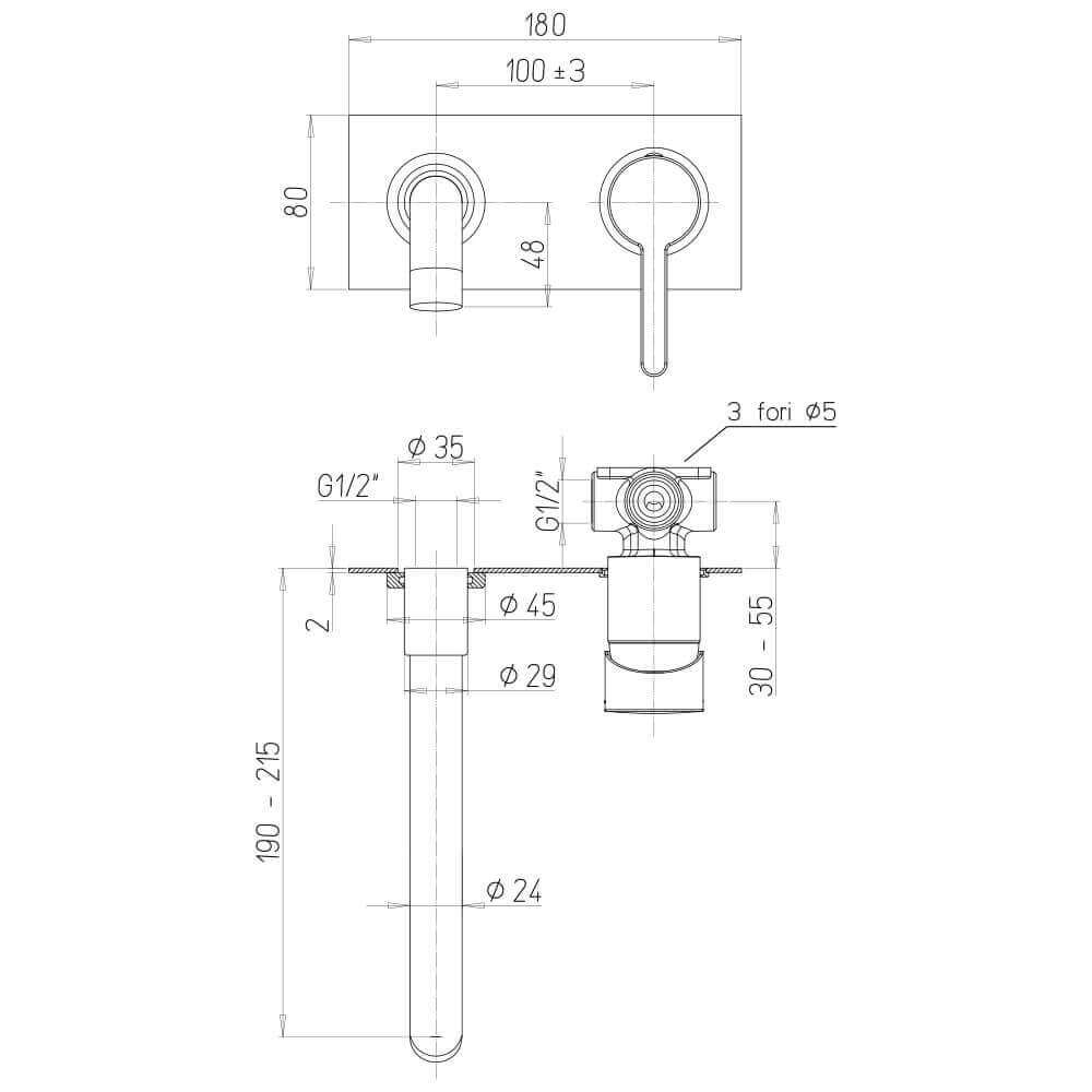 Miscelatore nero opaco lavabo a muro con piastra Jacuzzi | rubinetteria Sunset