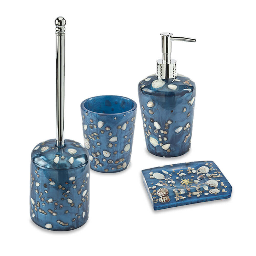 Set accessori da appoggio 4 pezzi Antille azzurro Dispenser Bicchiere Porta sapone e Scopino