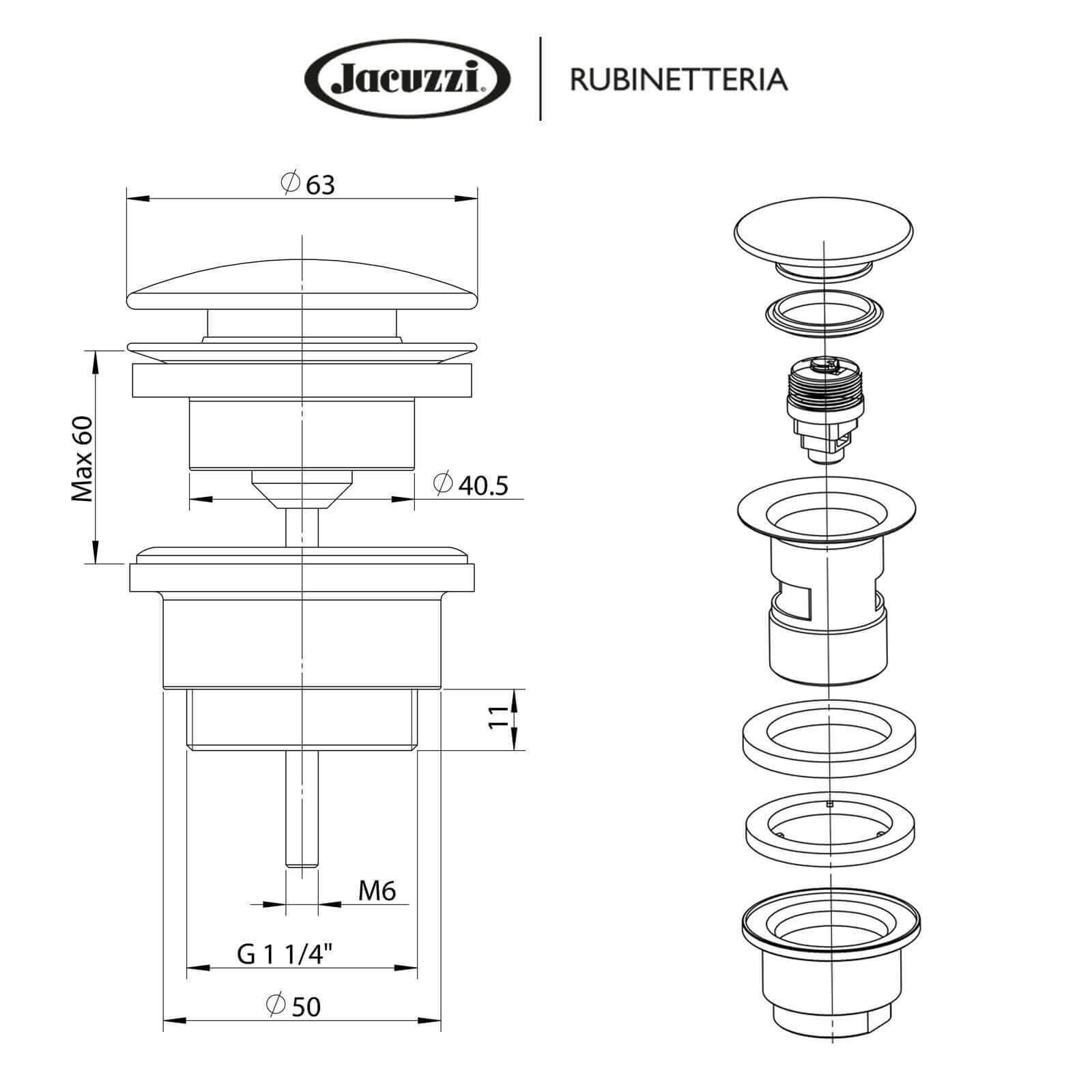 Piletta click clack cromata universale Jacuzzi | Rubinetteria con o senza troppopieno