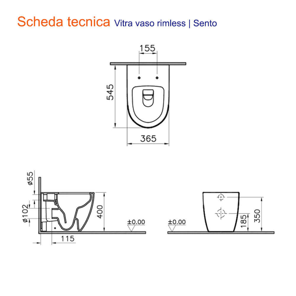 Sanitari Vitra Sento nero opaco filo muro con wc e bidet con sistema scarico rimless