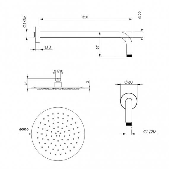 Set doccia completo di braccio a parete soffione tondo ultrapiatto 30 cm e doccetta